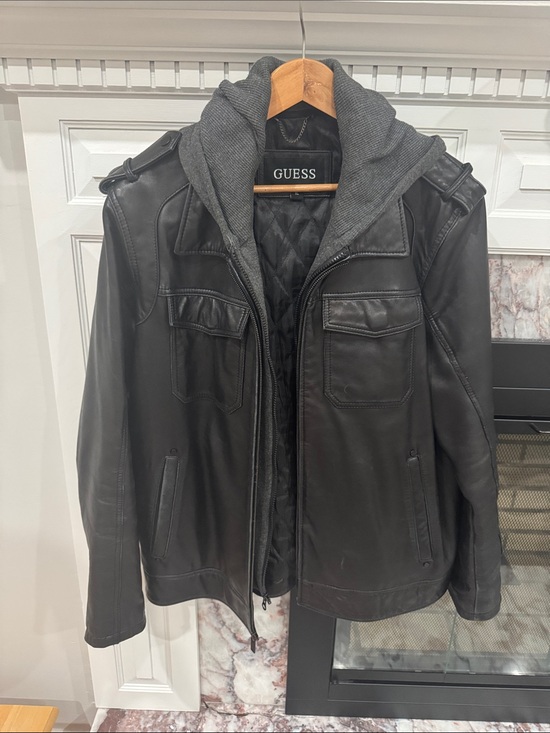 Guess Other - GUESS Black Leather Military-Style Jacket with Gray Knit Hood